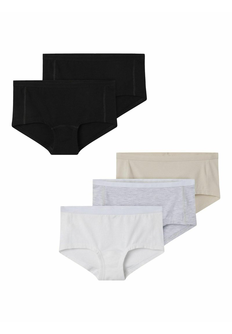 Cinque paia di mutandine boyshort in nero, bianco, grigio e beige. Realizzate in morbido cotone con elastico in vita e bordi senza cuciture.