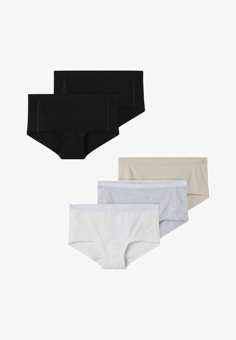 Cinq paires de culottes boyshort en noir, blanc, gris et beige. Fabriquées en coton doux avec des ceintures élastiques et des bords sans couture.