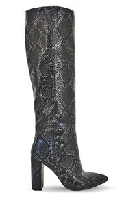 Stivali neri con stampa serpente al ginocchio, con tacco spesso, punta affusolata e motivo testurizzato, che mostrano un design elegante e una finitura liscia.