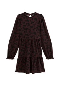 Abito lungo a maniche lunghe di colore marrone con un design a strati, caratterizzato da un motivo floreale nero, scollatura rotonda e un'apertura a forma di chiave sul retro.