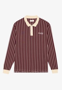 Bordo ilgomis rankovėmis polo marškiniai su kreminių spalvos vertikaliomis juostelėmis, kremine apykakle ir siuvinėtu logotipu krūtinėje, turintys lankstų rankogalių dizainą.