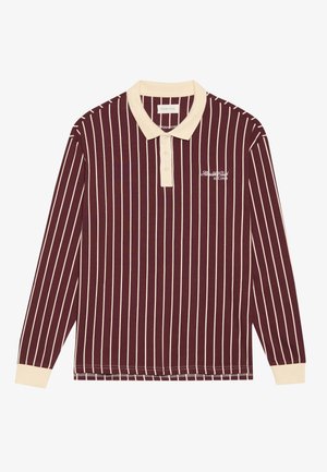 Burgundy long-sleeve polo shirt with cream vertical stripes, a cream collar, and embroidered logo on the chest, featuring ribbed cuffs.