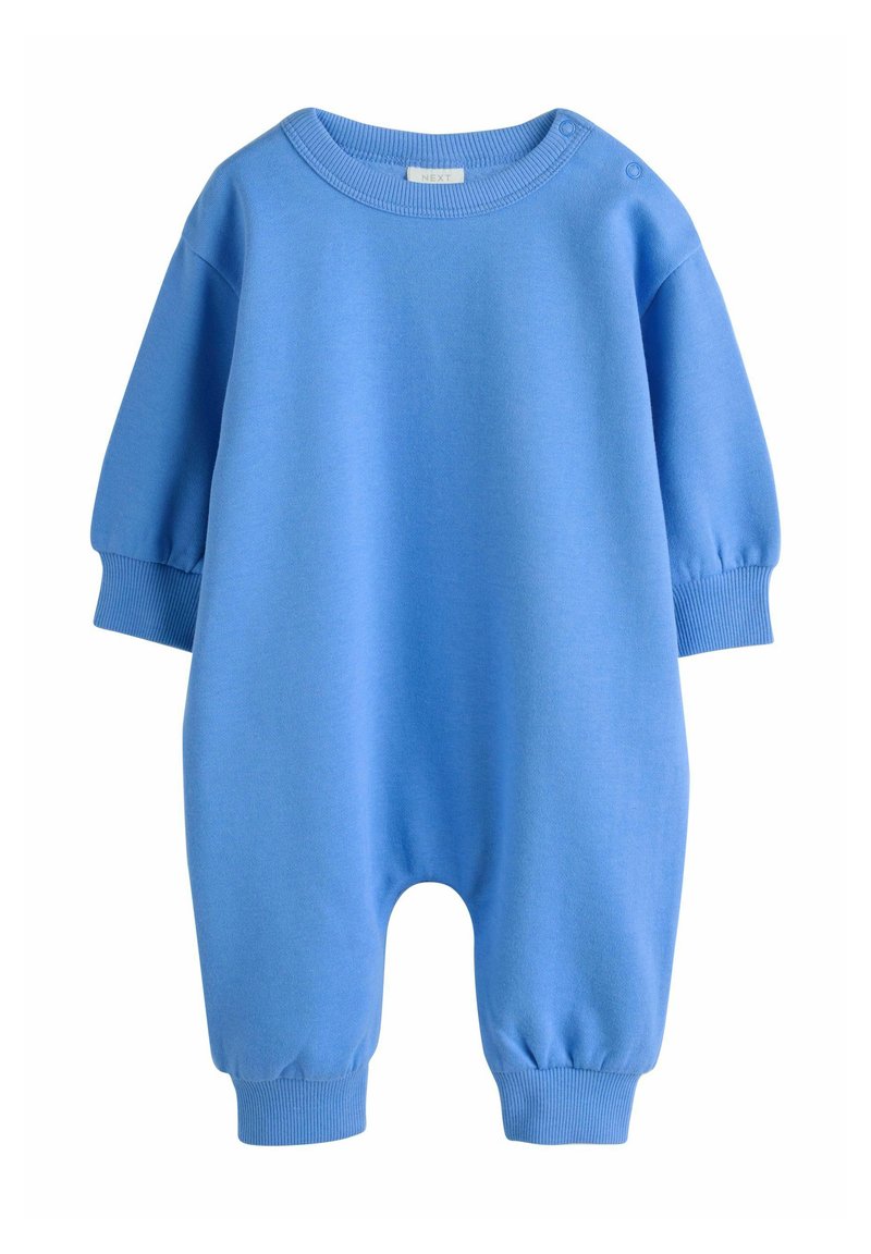 Modra bombažna romper obleka s kratkimi rokavi, rebrastimi manšetami in okroglim izrezom. Na rami ima pritrdilne gumbe za enostavno oblačenje.