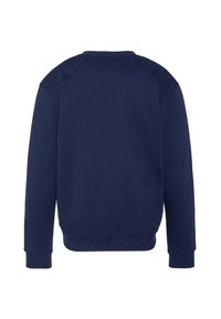 Felpa blu navy con maniche lunghe, scollo rotondo e polsini a costine. Realizzata in tessuto morbido, presenta una texture liscia senza grafiche visibili.