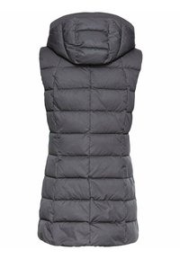 Graue Steppweste mit Kapuze, ausgestattet mit einer gesteppte Struktur und quadratischem Padding. Glattes Material mit einem leicht glänzenden Finish. Keine sichtbaren Beschläge.