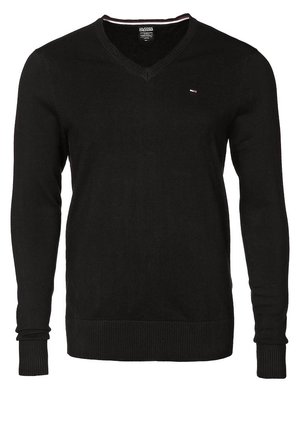 Czarny długi sweter z dzianiny z dekoltem w serek, z prążkowanymi mankietami i dołem, małe logo Tommy Hilfiger na lewej piersi.