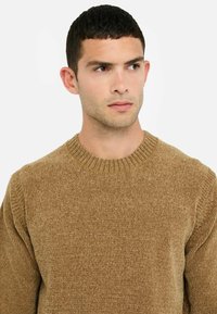 Maglione marrone lavorato a maglia con scollo rotondo, caratterizzato da una finitura testurizzata, polsini e orlo a costine. Design semplice, adatto per un look casual.