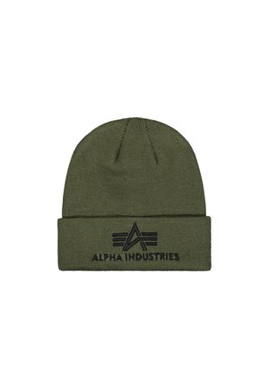 Olivovo zelená pletená čiapka s dvojitým lemom so čiernym logom a textom Alpha Industries v strede vpredu.
