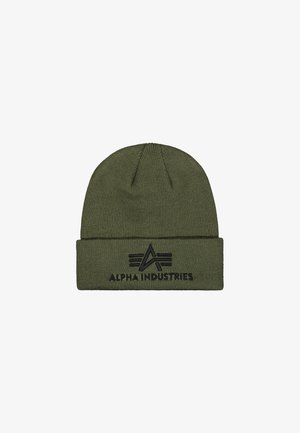 Olive green knit beanie with folded cuff featuring black Alpha Industries logo and text on the front center.