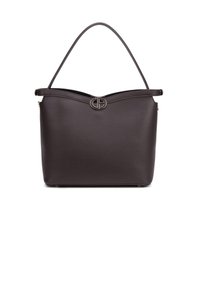 Sac fourre-tout en cuir marron foncé avec une texture lisse, un haut arrondi et un emblème au centre. Dispose d'une seule anse pour l'épaule.