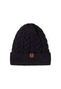 Beanie nera in maglia con design a treccia chunky e polsino a costine. Presenta una piccola etichetta in cuoio marrone sul davanti.