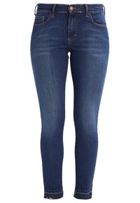 Slim fit-jeans i mörkblå denim med klassisk design med fem fickor, bälteshällor och en subtil blekt textur på benen.