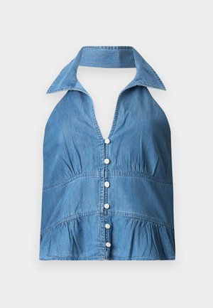Denim halterneck med krage, med knappestolpe foran, samlet midje og utvidet nederkant. Lys blå farge og myk tekstur.