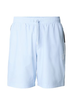 Jasnoniebieskie szorty z elastycznym pasem i sznurkiem oraz subtelnym logo na lewej nogawce, zaprojektowane do noszenia na co dzień lub do aktywności fizycznej.