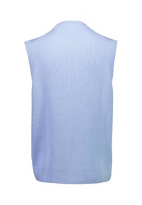 Hellblaues, ärmelloses Stricktop mit gerippter Textur. Abgerundeter Ausschnitt und gerader Saum. Keine sichtbaren Verschlüsse oder Muster.