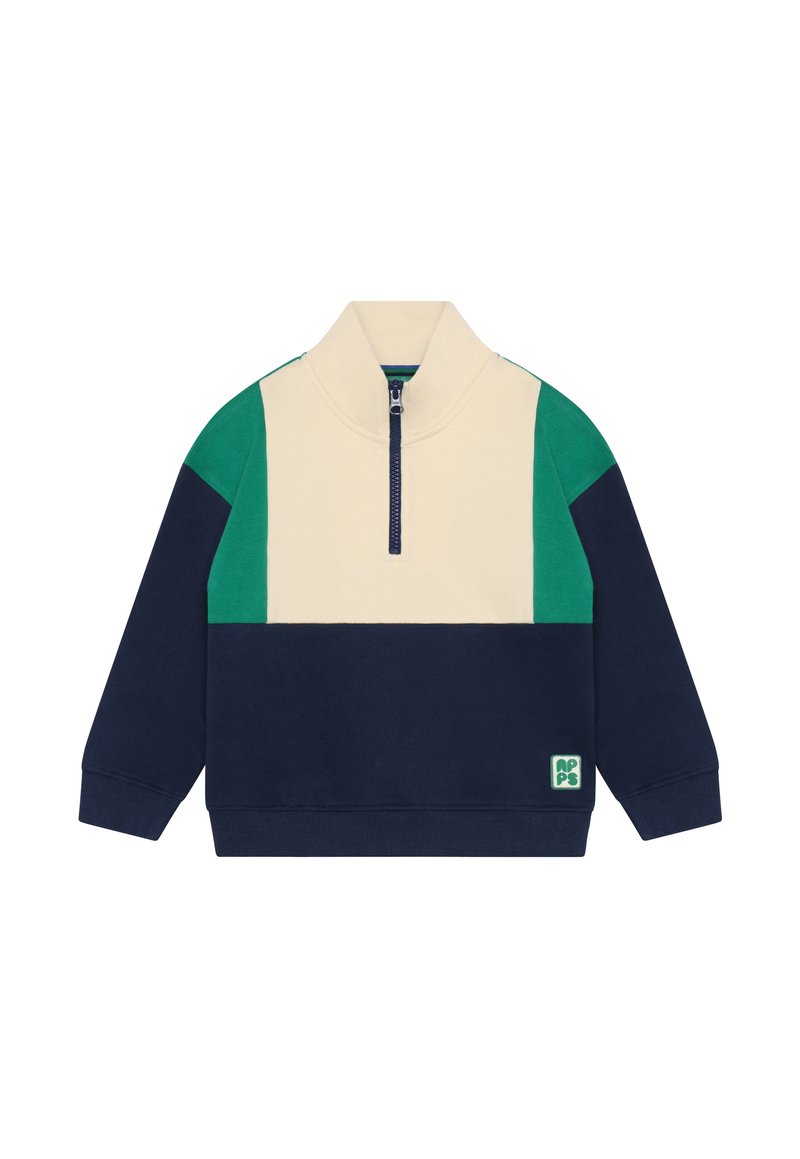 Farbblockierter Pullover in Creme, Navy und Grün mit hohem Kragen, halbem Reißverschluss vorne und einer strukturierten Stoffoberfläche. Mit einem Logo-Patch.