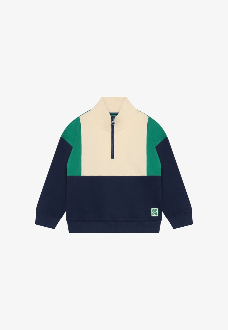 Farbblockierter Pullover in Creme, Navy und Grün mit hohem Kragen, halbem Reißverschluss vorne und einer strukturierten Stoffoberfläche. Mit einem Logo-Patch.