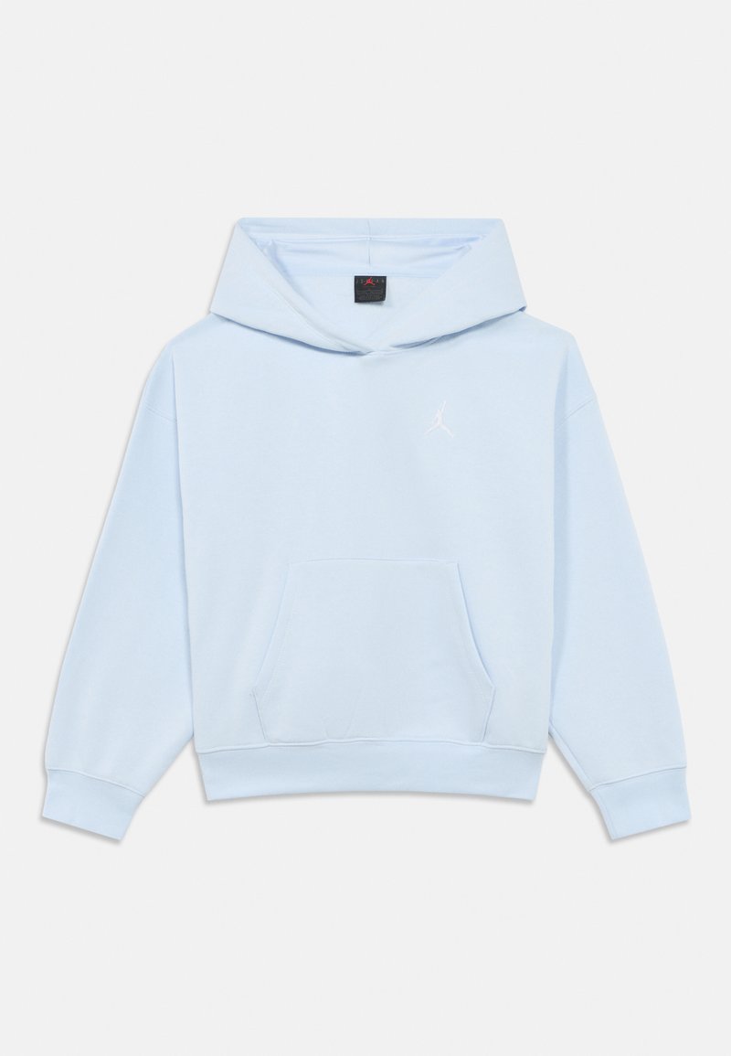 Γαλάζιο βαμβακερό φούτερ με κουκούλα, μπροστινή τσέπη, ριμπ μανσέτες, ρυθμιζόμενη κουκούλα και μικρό λευκό λογότυπο στο στήθος.