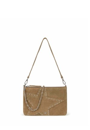 Brown suede clutch bag with silver studded star design, detachable chain and leather shoulder strap, and zipper closure at the top.