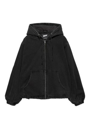 Schwarze Kapuzenjacke mit Reißverschluss, Fronttaschen, Kordelzug und elastischen Bündchen aus denimähnlichem Stoff.