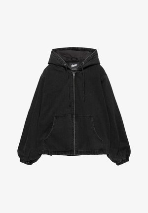 Schwarze Kapuzenjacke mit Reißverschluss, Fronttaschen, Kordelzug und elastischen Bündchen aus denimähnlichem Stoff.