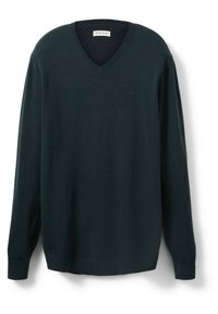 Dunkelgrüner V-Ausschnitt-Pullover aus weichem Strickmaterial. Lange Ärmel mit eng anliegenden Bündchen und einem dezenten Logo auf der Brust.