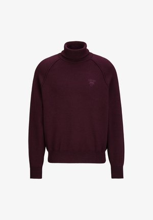 Burgunderfarbener Rollkragenpullover mit gerippten Bündchen und Saum. Präsentiert ein dezent gesticktes Logo auf der Brust. Weicher Strickstoff.