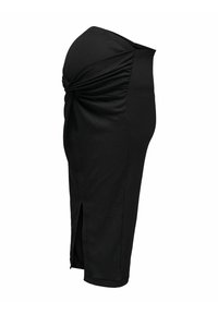 Gonna premaman nera con un design aderente, dettaglio frontale attorcigliato e spacco laterale. Realizzata in un tessuto liscio e elasticizzato.