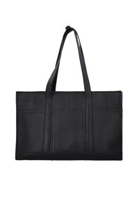 Zwarte leren tote bag met twee lange handvatten, rechthoekig ontwerp en zichtbare stiknaad-details. Voorzien van vier externe zakken voor organisatie.