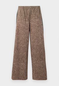 Brown wide-leg trousers featuring a beige animal print pattern, elastic waistband, and contrasting black side stripes. Soft fabric texture.
