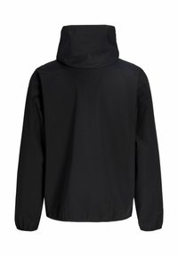 Veste noire à capuche avec manches longues, poignets élastiques et taille cintrée, vue de dos sur fond blanc.