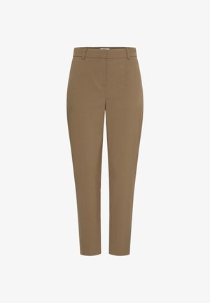 Tiesaus kirpimo rudos kelnės su diržo kilpelėmis ir priekine siūlės detale, pateiktos ant balto fono.