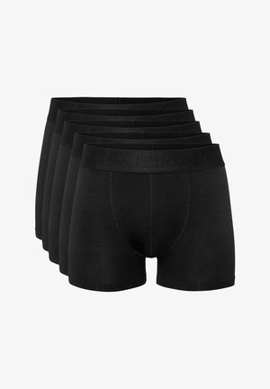 Zwarte heren boxershorts gemaakt van zachte, rekbare stof. Voorzien van een brede elastische tailleband met een gestructureerd merklogo. Vijf stuks tentoongesteld.