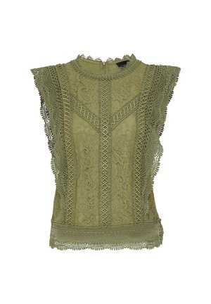 Zielona oliwkowa koronkowa bluzka z misternymi wzorami, wysokim dekoltem i falbankami. Bez rękawów, z teksturowanym wykończeniem.