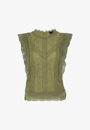 Zielona oliwkowa koronkowa bluzka z misternymi wzorami, wysokim dekoltem i falbankami. Bez rękawów, z teksturowanym wykończeniem.