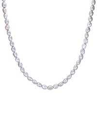 Pearl necklace featuring irregular, oval-shaped beads in soft white and pink hues, with a smooth, shiny surface.