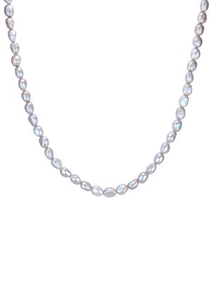 Pearl necklace featuring irregular, oval-shaped beads in soft white and pink hues, with a smooth, shiny surface.
