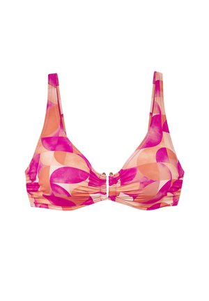 Pink and peach abstract patterned bikini top with adjustable straps and gathered center front with a small metal clasp.