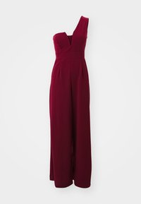 Tuta bordeaux con design a spalla unica, corpino aderente e pantaloni a gamba larga realizzati in tessuto liscio con pieghe.