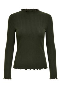 Top côtelé à manches longues de couleur vert olive avec un col haut et un bord volanté. Présente une coupe ajustée avec des bords festonnés à l'ourlet et aux poignets.