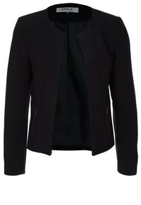Veste blazer noire pour femme, cintrée, avec manches longues, devant ouvert, deux poches zippées et un petit col rond.