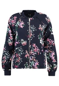 Marineblauwe bomberjack met lange mouwen, voorzijde met rits en een multikleurige bloemenprint in roze, wit, groen en paarse tinten.