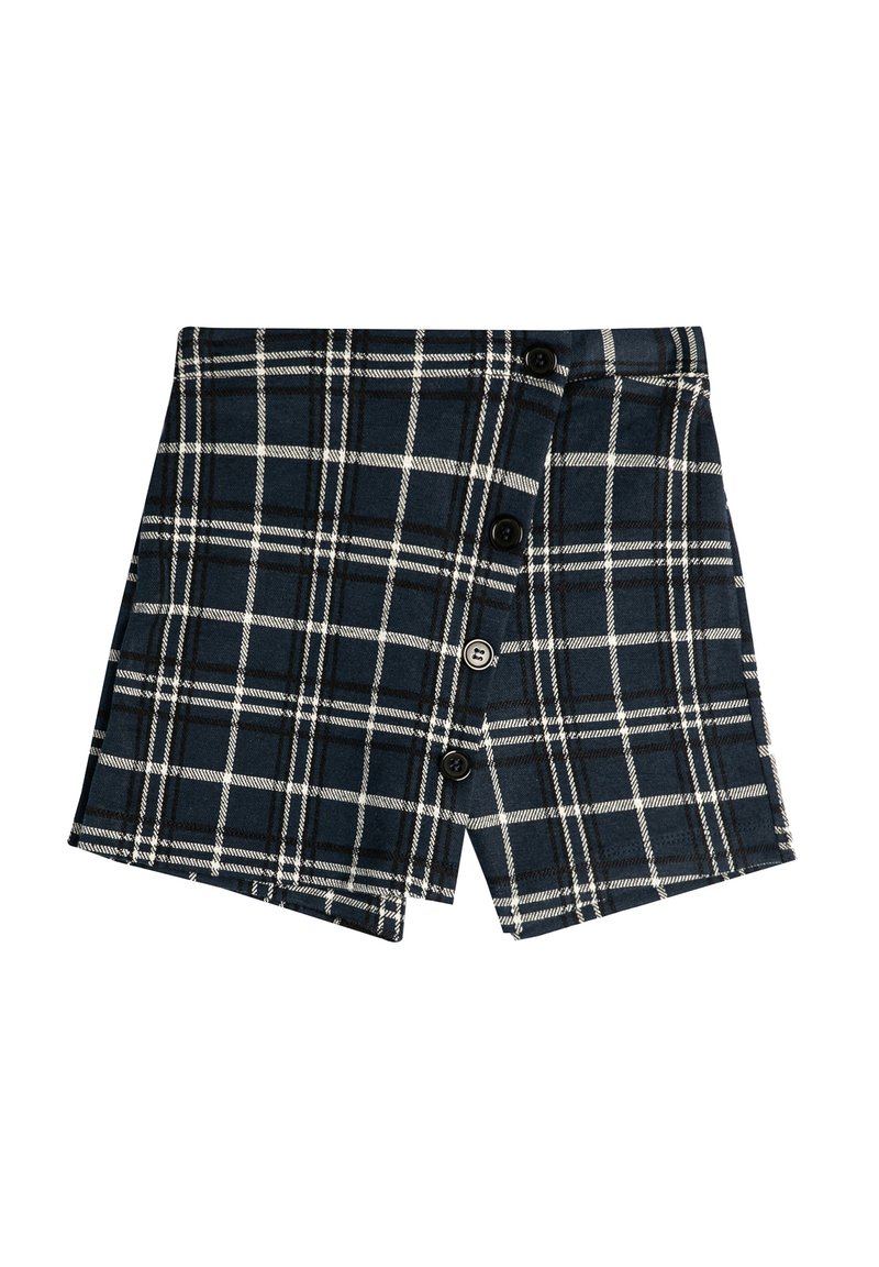 Marinblå rutiga shorts i vävd tyg med vita rutmönster, med knappstängning och ventilerad fåll.