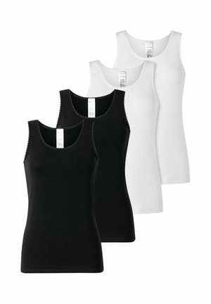 Two black and two white sleeveless cotton tank tops arranged in alternating colors on a white background.