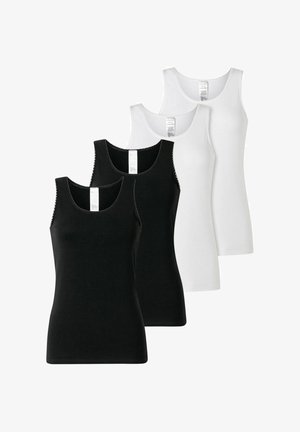 Zwei schwarze und zwei weiße ärmellose Baumwoll-Tanktops, abwechselnd in Farben auf weißem Hintergrund angeordnet.