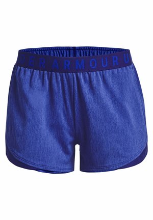 Shorts de sport bleus avec une taille élastique comportant le texte "Under Armour" en lettres bleu foncé.