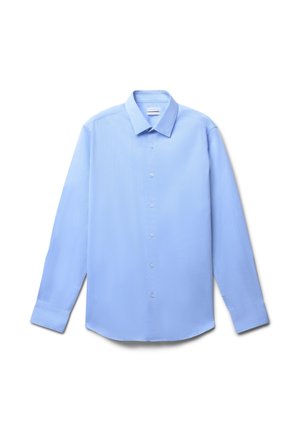 Himmelblauses langärmliges Hemd mit Knopfleiste und klassischem Kragen, aus glattem Stoff, mit einem schlichten Design und sechs vorderen Knöpfen.
