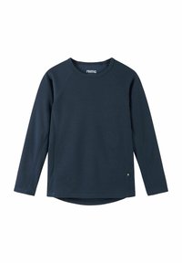 Navy long-sleeve shirt with a round neck, textured fabric, raglan sleeves, and a logo label at the lower left side.