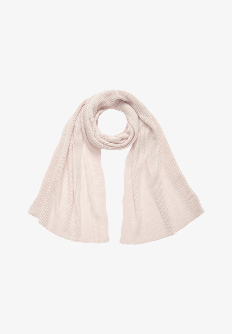 Écharpe côtelée rose doux, fabriquée en tissu tricot léger. Dispose d'une longueur longue et d'une largeur généreuse pour des options de style polyvalentes.