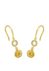Guld hängande örhängen med en rosdesign och texturerad yta, accentuerade av ett cirkulärt inslag prytt med glittrande ädelstenar.